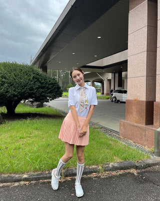 [FL Signature] Pearl & Bead Flare Pleated Skirt (Pink)