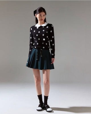 Flower belt set pleated skirt (Green)