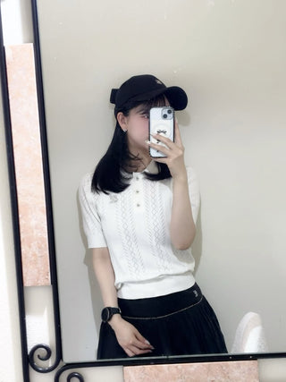 Ribbon Button Mesh Short Sleeve Knit (White)