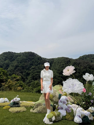 Ribbon Button Mesh Short Sleeve Knit (White)