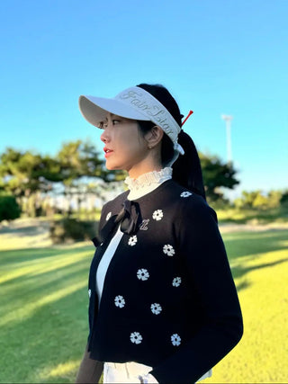 Flower Jacquard Open Ribbon Cardigan (Black)