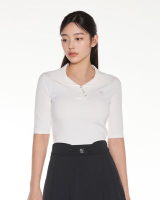 Open Collar Pearl Point Neck Knit (White)