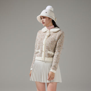 Pearl Logo Flared Pleats Skirt (Beige)