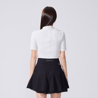 Ribbon High Neck Seven-Button T-Shirt (White)