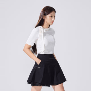 Ribbon High Neck Seven-Button T-Shirt (White)