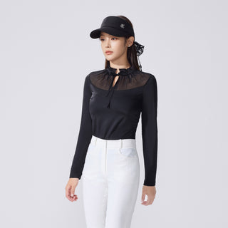 Sheer Shirring High Neck T-Shirt (Black)