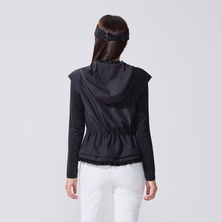 Drawstring Ruffle Zip-Up Vest (Black)