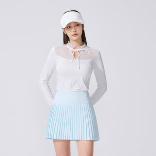 Sheer Shirring High Neck T-Shirt (White)
